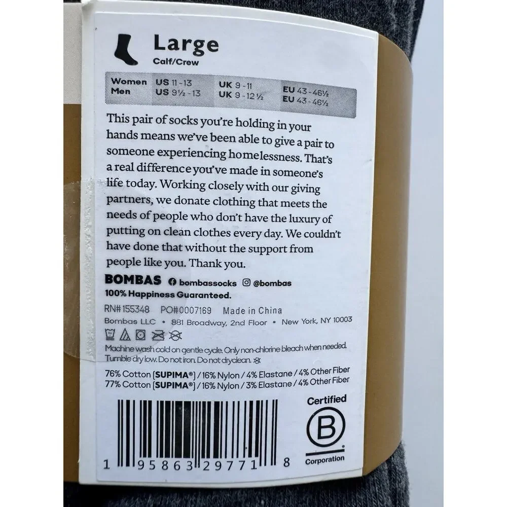 Bombas Dress Calf/Crew 4 Pairs Large Men’s 9.5-13